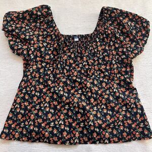 Old Navy Dark Floral Blouse Sz 2XL Tall Short Puff Sleeve Cottage Romantiic